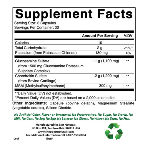 Glucosamine Chondroitin MSM supplement facts. Serving size of 3 capsules, and 30 servings per container. Contains 10 calories, 2g carbs, 180mg potassium, glucosamine sulfate, chondroitin sulfate, and MSM (methylsulfonylmethane).