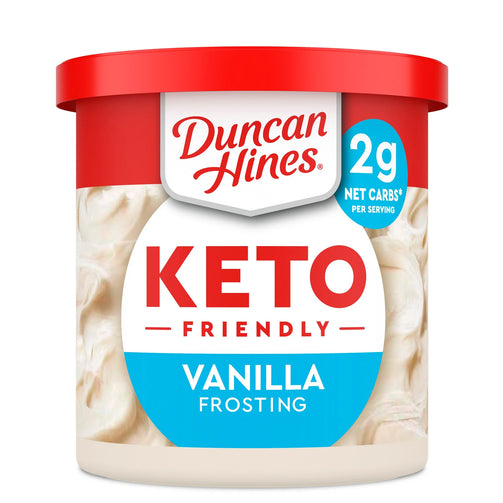 Container of keto friendly, Duncan Hines vanilla frosting, with 2g net carbs per serving.