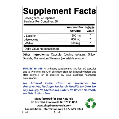 Best Naturals BCAA supplement facts. Serving size of 4 capsules, with 50 servings per container. Contains L-Leucine, L-Isoleucine, and L-Valine.