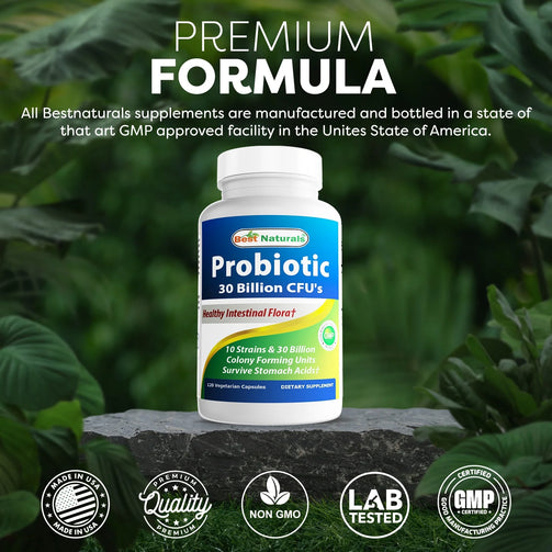 A bottle of Probiotic. A dietary supplement, probiotic bacteria are critical for healthy digestion, maintaining intestinal lining integrity and motility, help in the detoxification process.