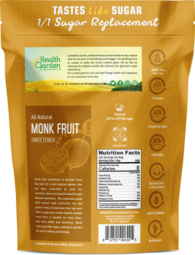 Monk fruit sweetener nutrition facts. 340 servings per bag, serving size of one teaspoon. Zero calories, fats, and carbs.