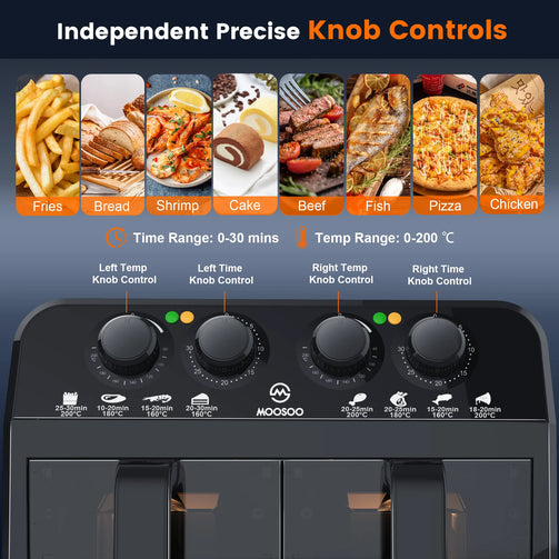 Dual Basket Air Fryer with independent knob controls. Time range of 0-30 minutes, and temperature range of 0-200 degree Celsius.