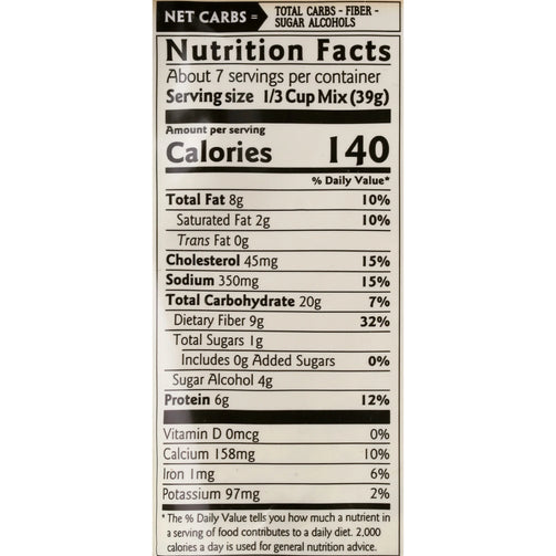 Keto Carb Friendly Pancake & Waffle Mix nutrition facts. About 7 servings per container with a serving size of 1/3 cup mix. 140 calories, 7g net carbs. 10% calcium, 6% iron, and 2% potassium.