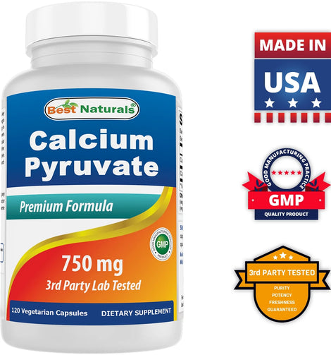 A bottle of the dietary supplement, Calcium Pyruvate, by Best Naturals. 750mg capsules.