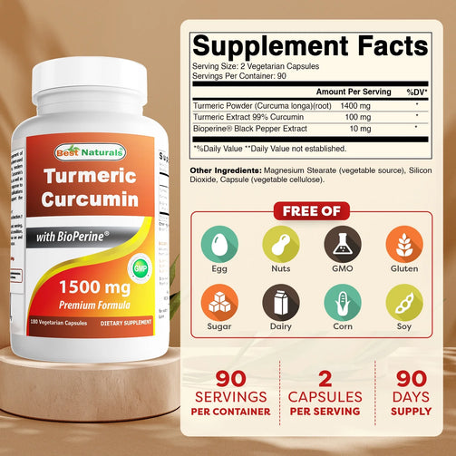 Best Naturals Turmeric Curcumin with Bioperine supplement facts. Serving size of 2 capsules, 90 servings per container. Contains Turmeric Powder, Turmeric Extract 99% Curcumin, and Bioperine black pepper extract.