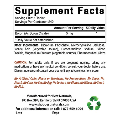 Best Naturals Boron supplement facts. Serving size of 1 tablet, with 240 servings per container.
