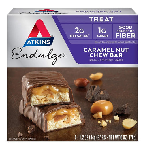A box of Atkins Endulge caramel nut chew bars. Good source of fiber with only 2g net carbs and 1g of sugar.