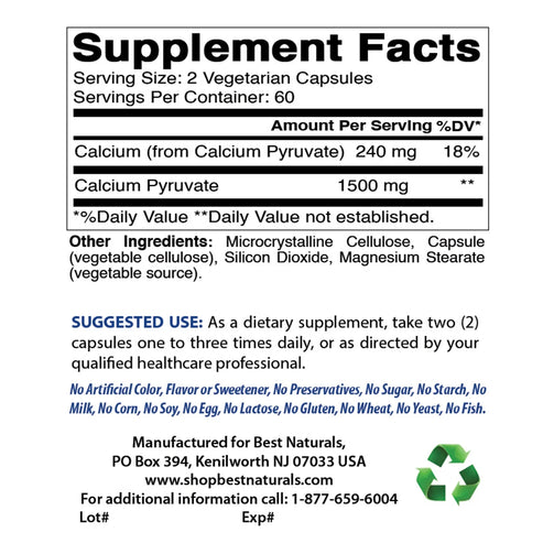 Best Naturals Calcium pyruvate supplement facts. Serving size of 2 capsules, with 60 servings per container.