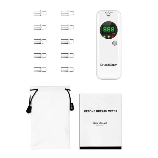 Ketone Breathalyzer Meter with replaceable mouth tips and carrying bag.