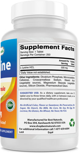 Best Naturals - L-Lysine 500 Mg 250 Tablets