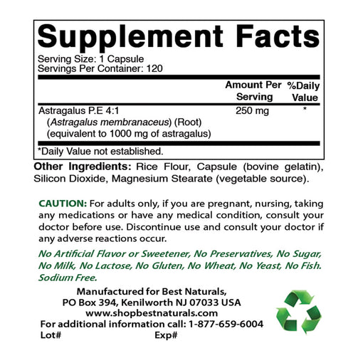 Best Naturals  Astragalus supplement facts. Serving size of 1 capsule, with 120 servings per container.