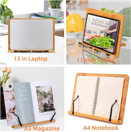 Bamboo Cookbook Stand holding a laptop, tablet, book, and notepad to showcase versatility.