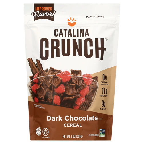 A bag of keto friendly, catalina crunch dark chocolate cereal, with 11g protein, 9g fiber, and 0g sugar per serving.