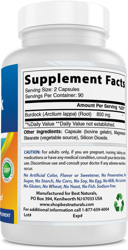 Burdock root supplement facts, 2 capsules per serving, 90 servings per container, and 850mg of Burdock per serving.