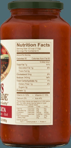 Rao's Homemade sauce nutrition acts. 3g net carbs, 3g sugars, 80 calories. Per serving, with each serving size being half a cup. 10% Vitamin A, 15% Vitamin C, 2% calcium and 4% iron.