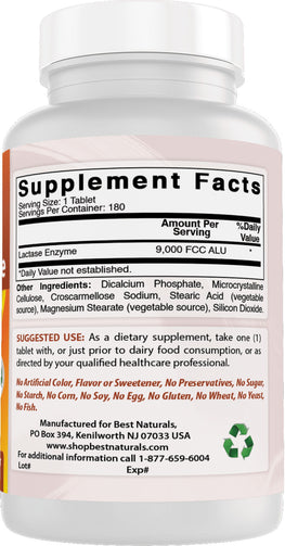 Best Naturals - Lactase Enzyme 9000 FCC ALU supplement facts. Serving size of 1 tablet, with 180 servings per container.