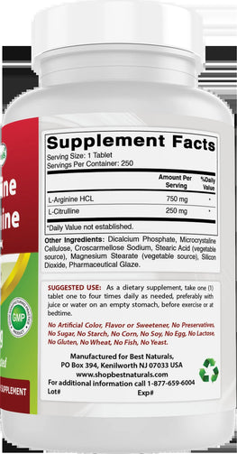 Best Naturals - L-Arginine L-Citrulline 1000 Mg Multivitamin - 250 Count