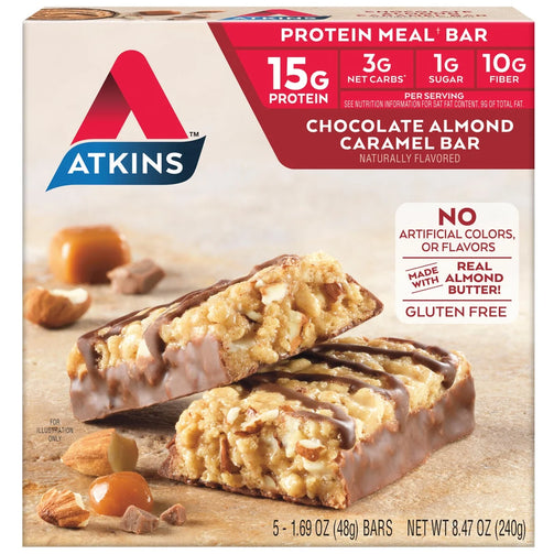 A box of keto friendly, Atkins chocolate almond caramel protein bars. 15g of protein, 3g net carbs, 1g sugar, and 10g fiber per serving.