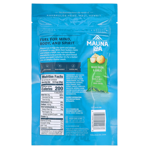 Keto friendly. Maui Onion & Garlic Macadamias nutritional facts. 2g net carbs, 1g sugar, 2g protein.
