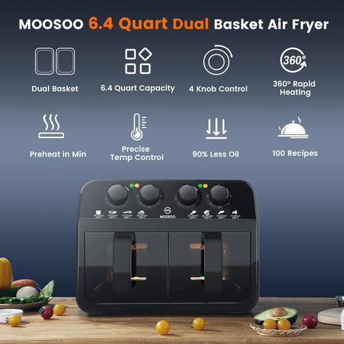 Dual Basket Air Fryer Oven perks: 6.4 Quart capacity, 4 knob control, 360 degree rapid heating, precise temperature control, 90% less oil used and can cook so many things.