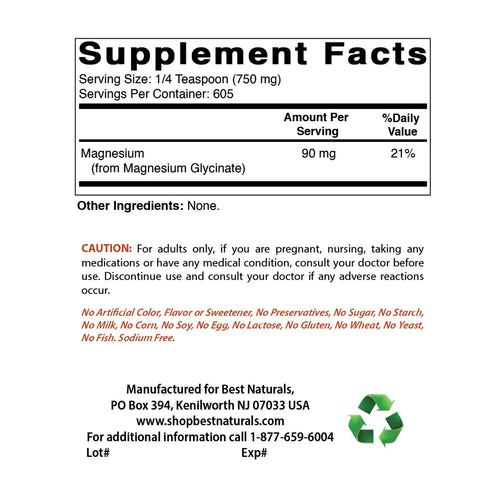 Best Naturals Magnesium Glycinate Powder  supplement facts. Serving size of 1/4 teaspoon, with 605 servings per container. Container size is 1 pound.