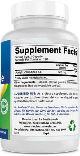 Best Naturals - Acetyl L-Carnitine supplement facts. Serving size 1 capsule, 120 servings per container. 500mg of Acetyl L-Carnitine HCL per serving.