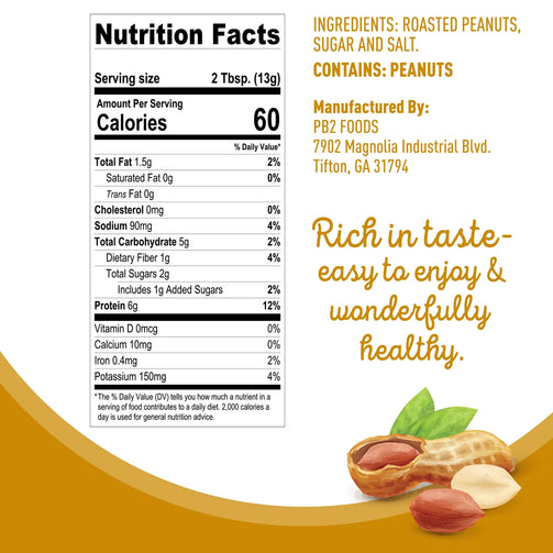 Powdered Peanut Butter nutrition facts. Serving size of 2 tablespoons. 60 calories, 3g net carbs, 1g sugar, 6g protein.