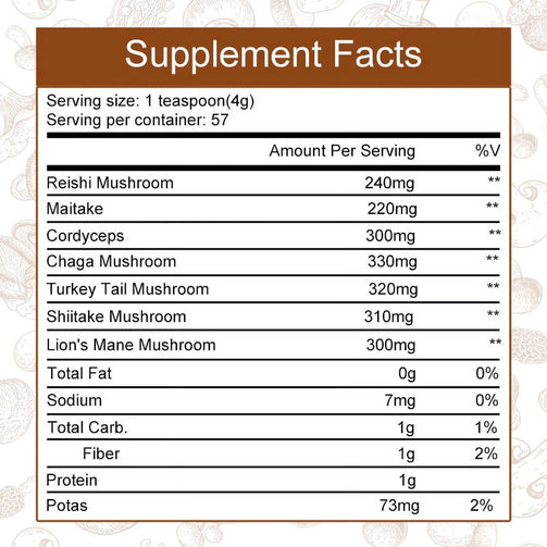 Instant Mushroom Coffee supplement facts. Serving size of 1 teaspoon, with 57 servings per container.