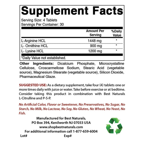 Best Naturals  Tri-Amino supplement facts. Serving size 4 tablets, 30 servings per container. Contains L-Arginine HCL, L-Ornithine HCL, and L-Lysine HCL.