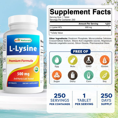Supplement facts for Best Naturals L-Lysine. 500mg per serving, serving size of 1 tablet. Free of egg, nuts, GMO, gluten, sugar, dairy, corn, and soy.