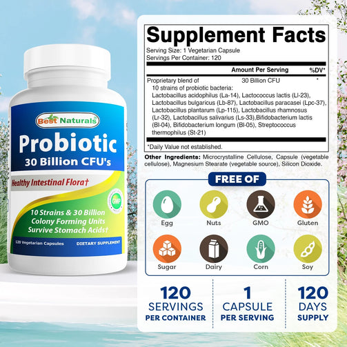 Best Naturals Probiotic supplement facts. Serving size of 1 capsule, with 120 servings per container. 30 Billion CFU.