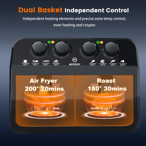 Dual Basket Air Fryer indicating two different cooking modes and temperatures at one time. Air fryer and roast.