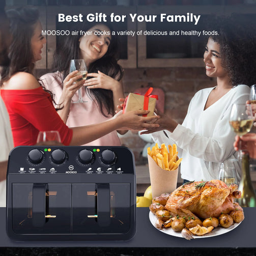 Happy, smiling friends or family receiving the dual basket air fryer.