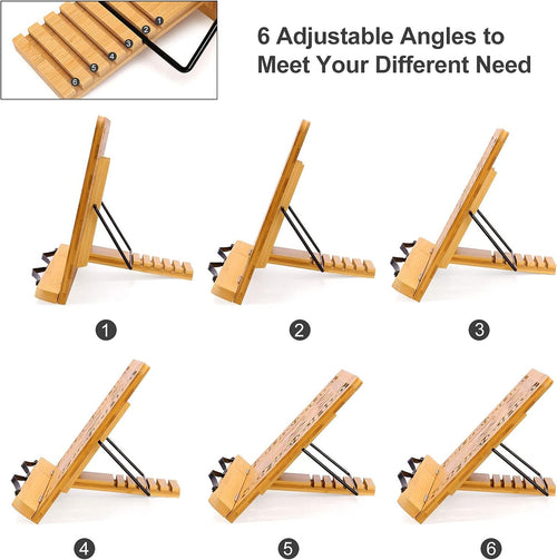 Bamboo Cookbook Stand set to many different angles to show versatility.