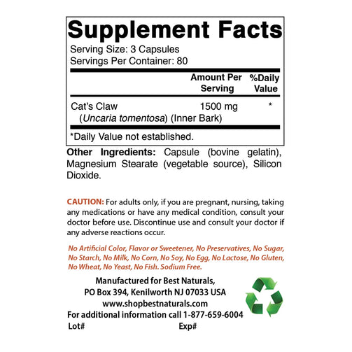 Best Naturals - Cat's Claw supplement facts. Service size of 3 capsules, containing 1500mg.