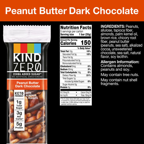 Kind Zero peanut Butter dark chocolate nutrition facts. 5 servings per box, serving size of 1 bar. 150 calories with 1g total sugar, 3g net carbs, and 5g of protein.