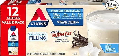 Creamy Vanilla Protein Shake Nutrition facts. 15g of protein, 2g net carbs, 1g sugar, and 5g of fiber. 12 shakes per box.