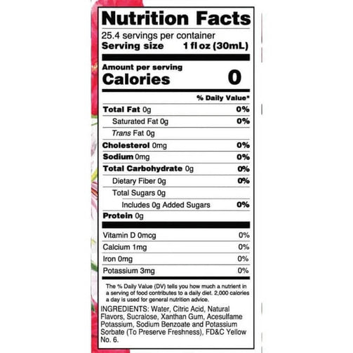 Jordan's Skinny Syrup's nutrition facts. 25.4 servings per container, with a serving size of 1 ounce. Zero calories, carbs, or sugars. Keto friendly.
