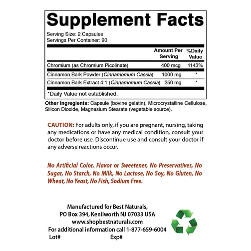 Best Naturals Cinnamon 1000 Mg with Chromium 200 Mcg supplement facts. Serving size of 2 capsules, with 90 servings per container.