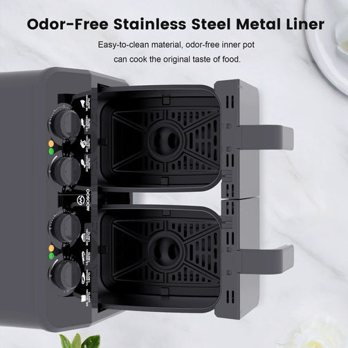 Dual Basket Air Fryer Oven with easy-to-clean stainless steel metal liners.