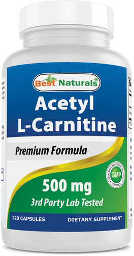 A bottle of the dietary supplement, Acetyl L-Carnitine,  which supports healthy cellular energy metabolism, brain and nervous system function, and may help with body fat reduction. 500mg Capsules.