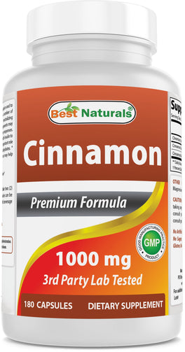 A bottle of Cinnamon 1000 Mg with Chromium 200 Mcg, a dietary supplement that supports heart and circulatory health, and a healthy blood sugar level.