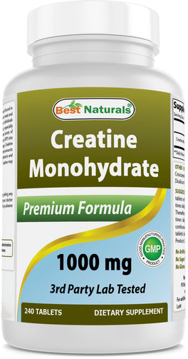 Bottle of Best Naturals - Creatine Monohydrate 1000Mg, a dietary supplement that helps in work-out performance AND in recovery.