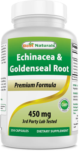 A bottle of  Echinacea & Goldenseal Root, a dietary supplement that supports healthy respiratory, immune, and inflammatory systems. 450mg capsules, by Best Naturals.