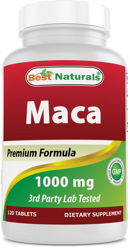A bottle of the dietary supplement, Maca, by Best Naturals. 1000mg tablets.