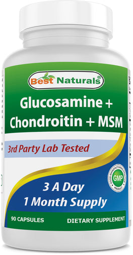 A bottle of a dietary supplement for improving joint function by Best Naturals, Glucosamine + Chondroitin + MSM. 3 A day, 1 month supply.