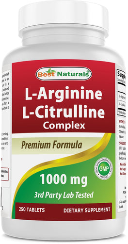 A bottle of L-arginine L-Citrulline Complex, a dietary supplement that helps with cleansing, widening the blood vessels, and is good for cardiovascular health, cell growth, and repair, by Best Naturals. 1000mg Tablets