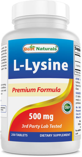 A bottle of Best Naturals L-Lysine premium formula, a dietary supplement, 500mg tablets.