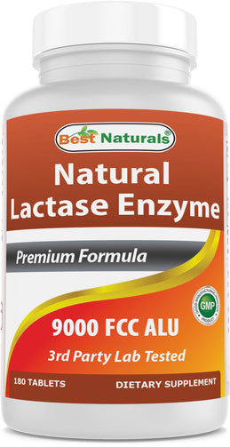 A bottle of Best Naturals - Lactase Enzyme 9000 FCC ALU. Lactase helps your body digest lactose, helping to prevent bloating, diarrhea and gas caused by intolerance.