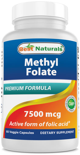 A bottle of the dietary supplement Methyl Folate, which can help regular your mood and improve your sleep quality. 7500mcg capsules. Active form of folic acid.